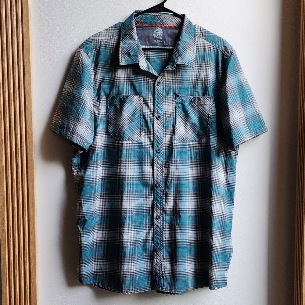 River Edge Green/Gray Plaid Shortsleeve Button Down Shirt Size XXL